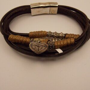 Leather and Silver Beaded 6 Strand Bracelet Magnet Clasp Heart Charm Boho Hippie